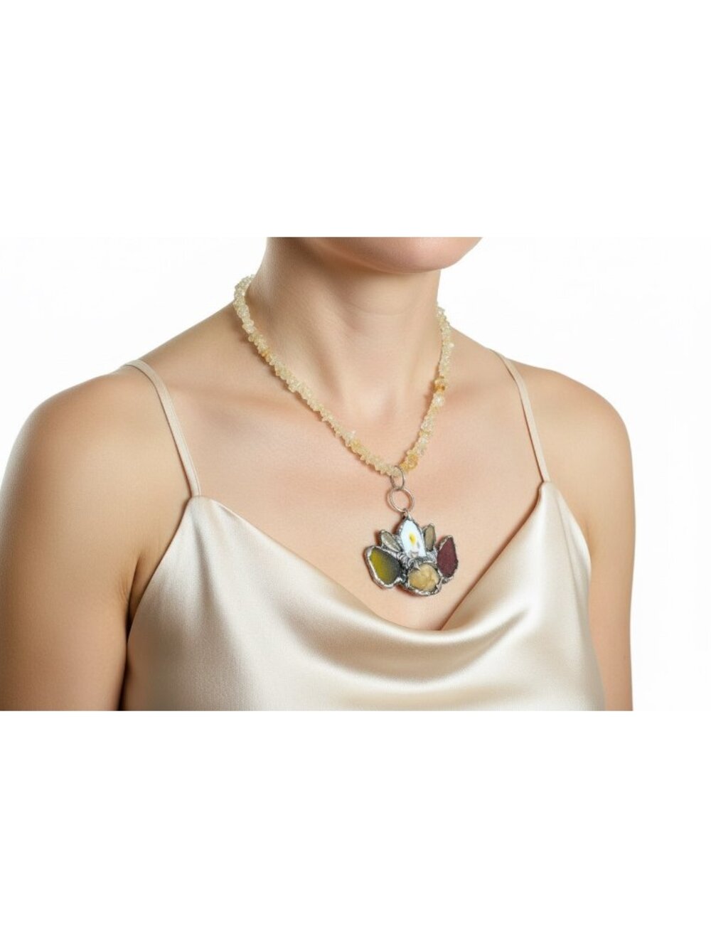 Bavaria China Sea Glass Lotus Pendant | Citrine Chip Necklace | Alma Antigua